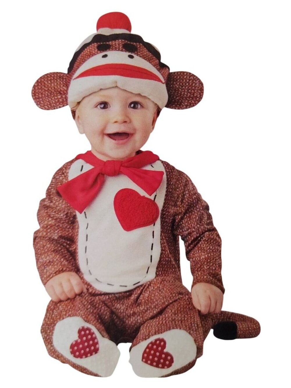 Infant Sock Monkey Halloween Costume Jumpsuit Hood Set 6 to 12 Months